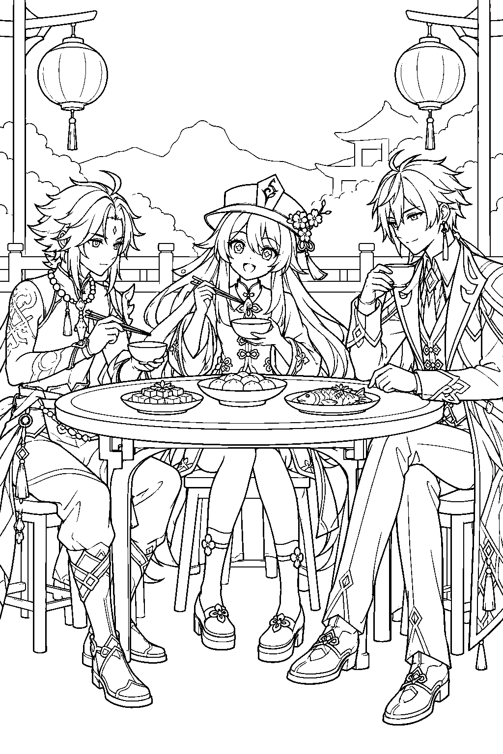 genshin impact hu tao hosting a lantern rite banquet with xiao and zhongli line art