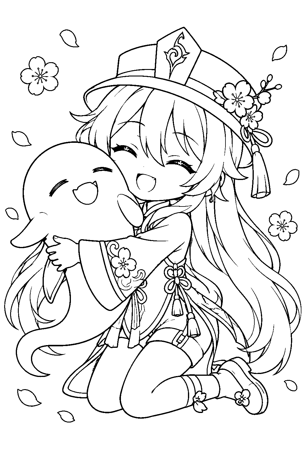 genshin impact hu tao in chibi form hugging her smiling ghost companion line art
