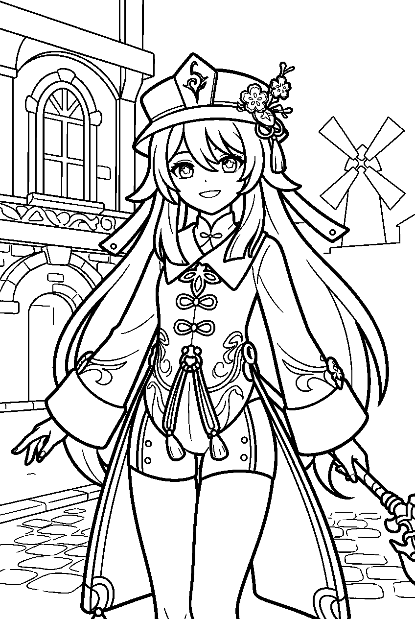 genshin impact hu tao in mondstadt city line art