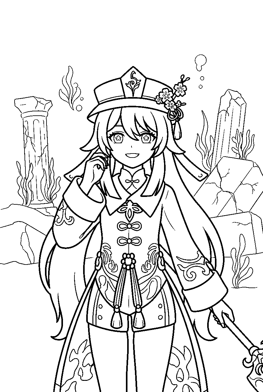 genshin impact hu tao in underwater ruins line art