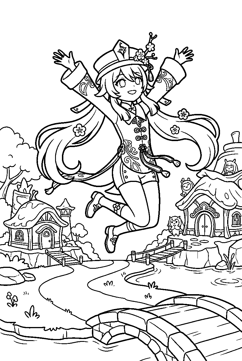 genshin impact hu tao jumping in merusea village line art