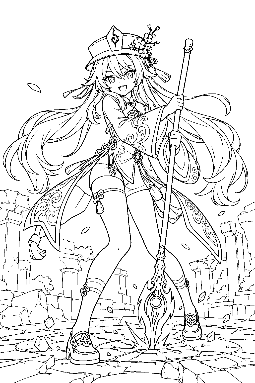 genshin impact hu tao landing a polearm plunge on a ruined stone platform line art