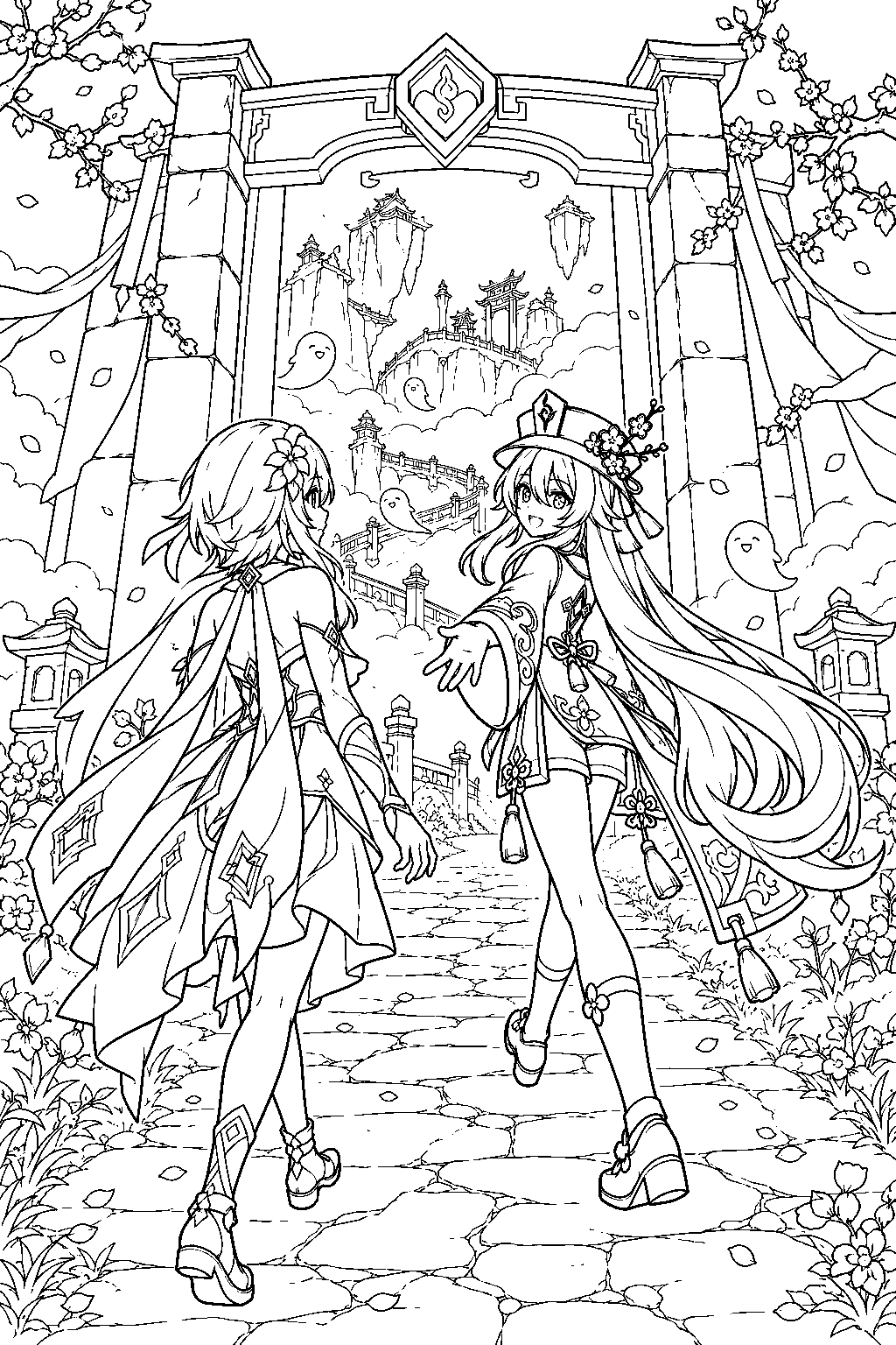 genshin impact hu tao leading lumine through a stone gateway to the spirit border line art