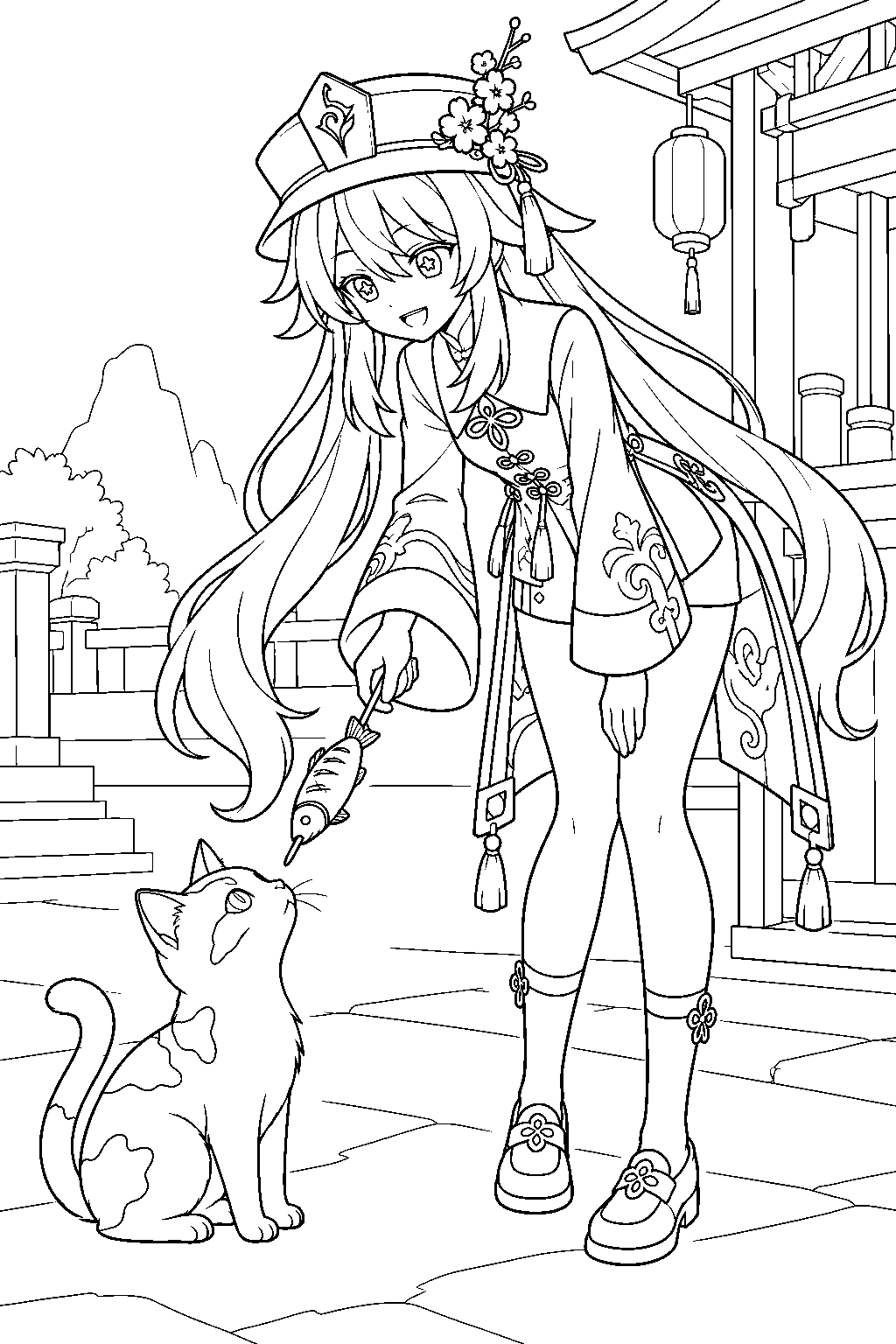genshin impact hu tao offering grilled tiger fish to a calico cat outside xinyue kiosk line art