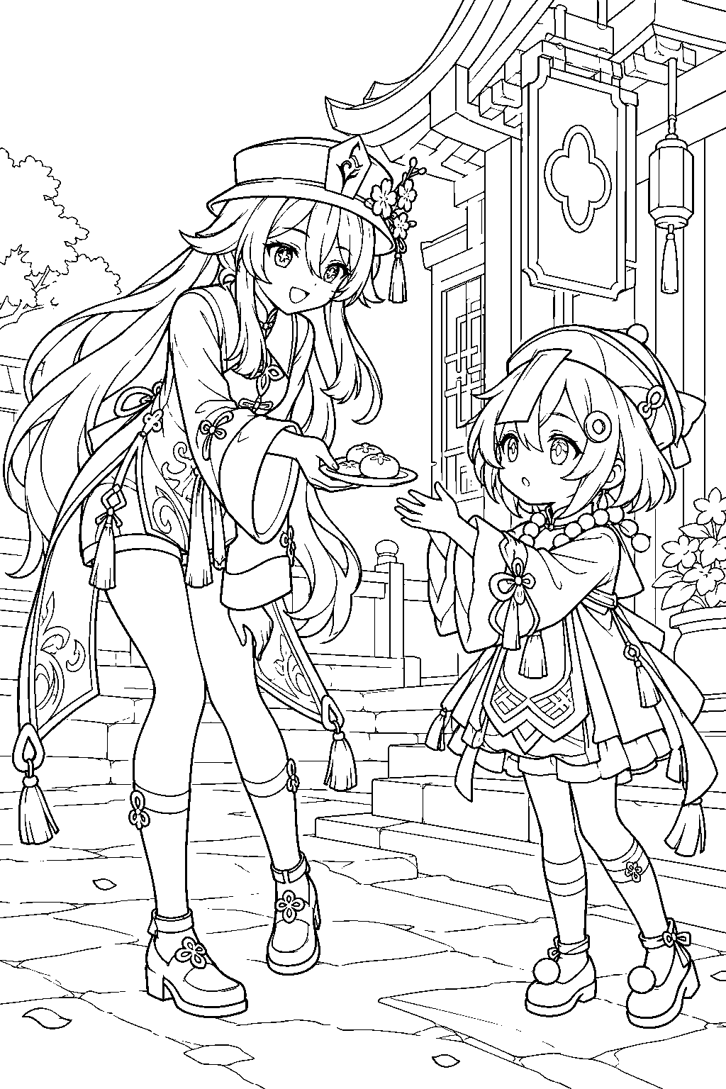 genshin impact hu tao offering qiqi a snack outside bubu pharmacy line art