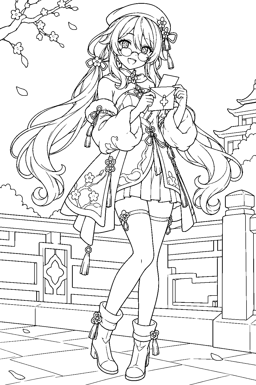 genshin impact hu tao opening a festive gift envelope in her cherries snow laden outfit line art