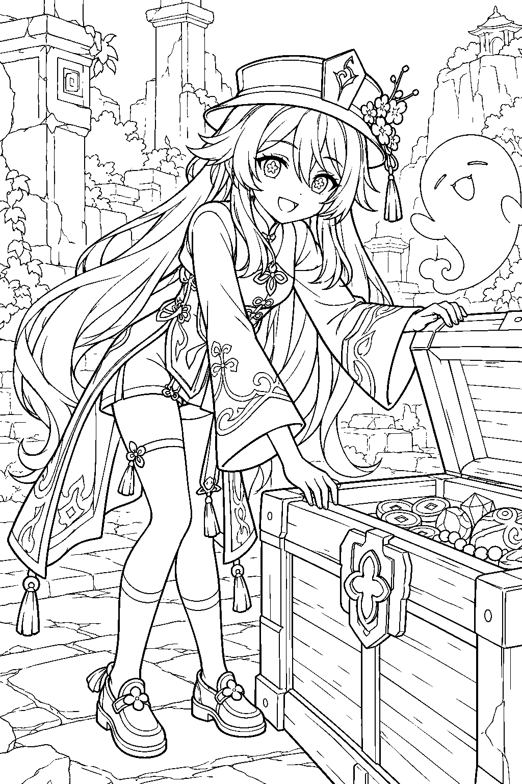 genshin impact hu tao opening a treasure chest in an ancient liyue ruin line art