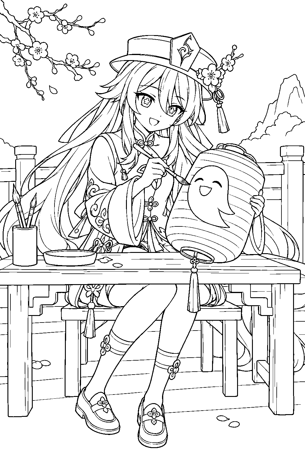 genshin impact hu tao painting a ghost face on a xiao lantern line art