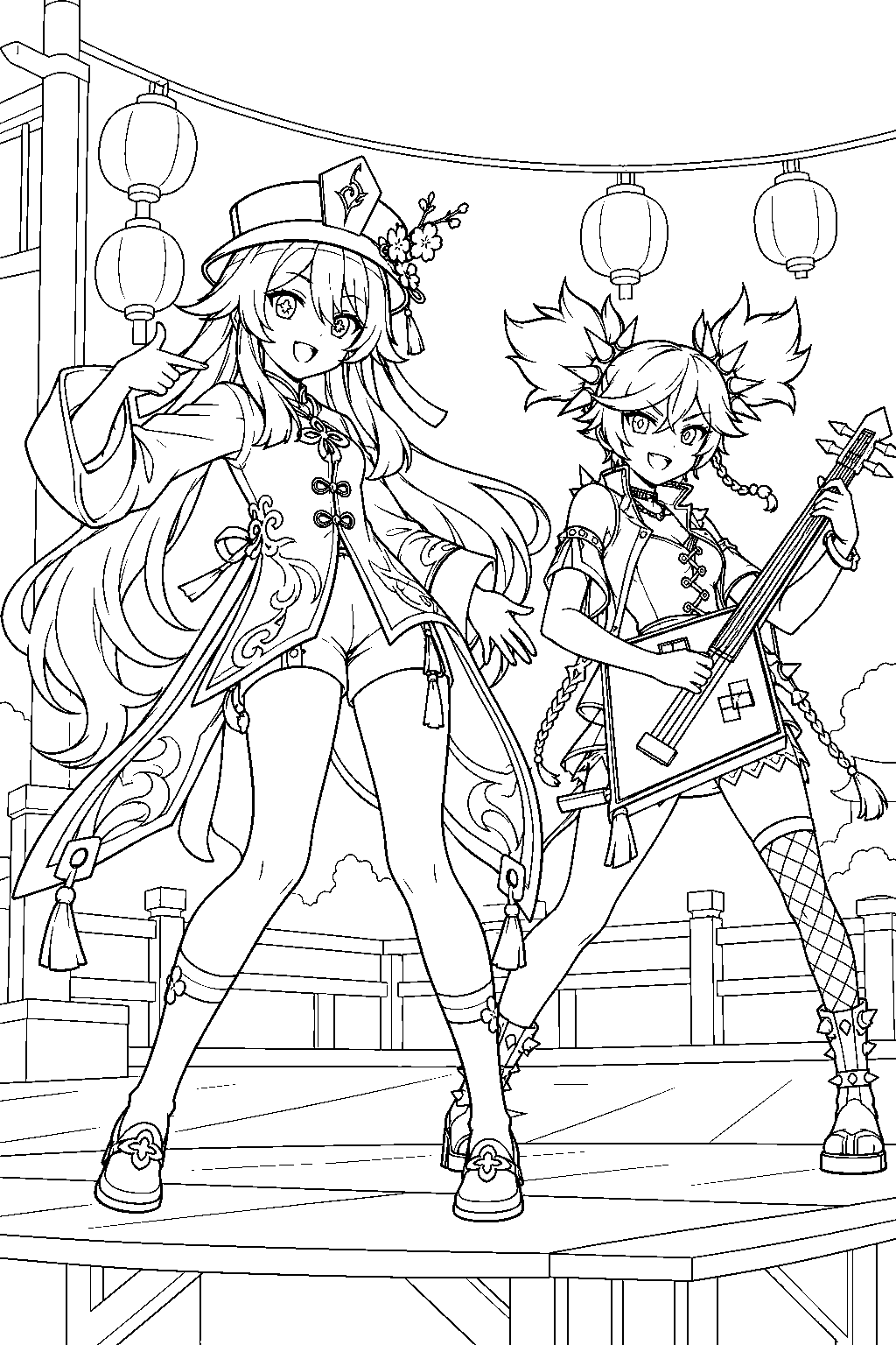 genshin impact hu tao performing her lantern rite rap beside xinyan and her guitar line art