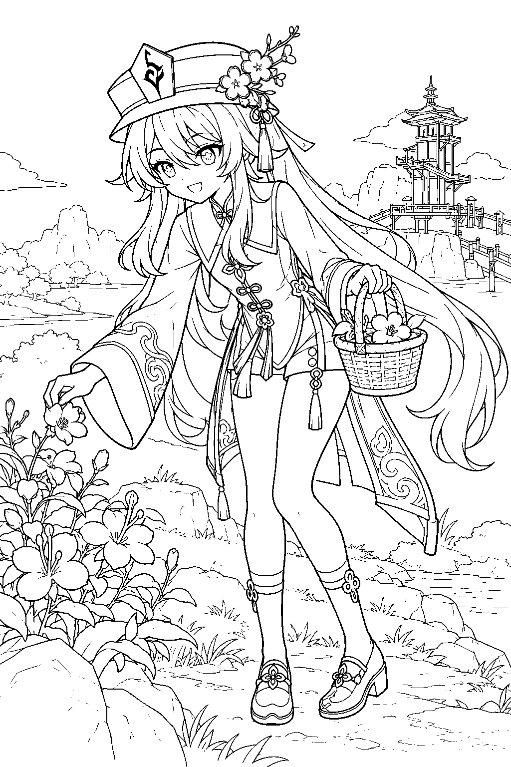 genshin impact hu tao picking silk flowers beside wangshu inn line art