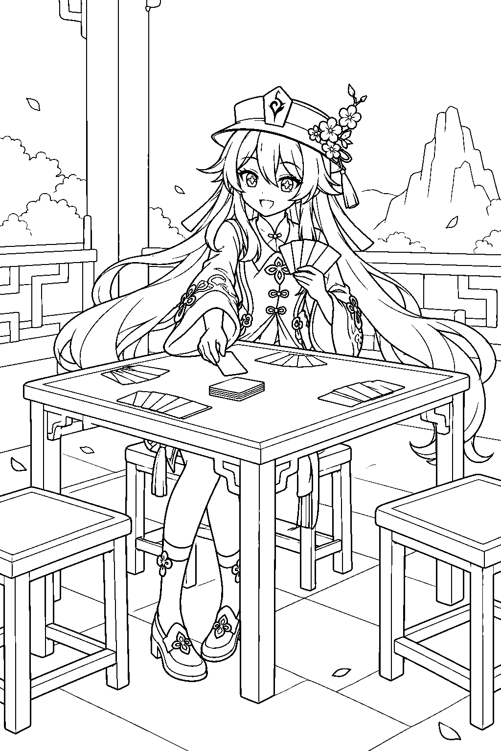 genshin impact hu tao playing a four player card game alone with four sets of cards line art