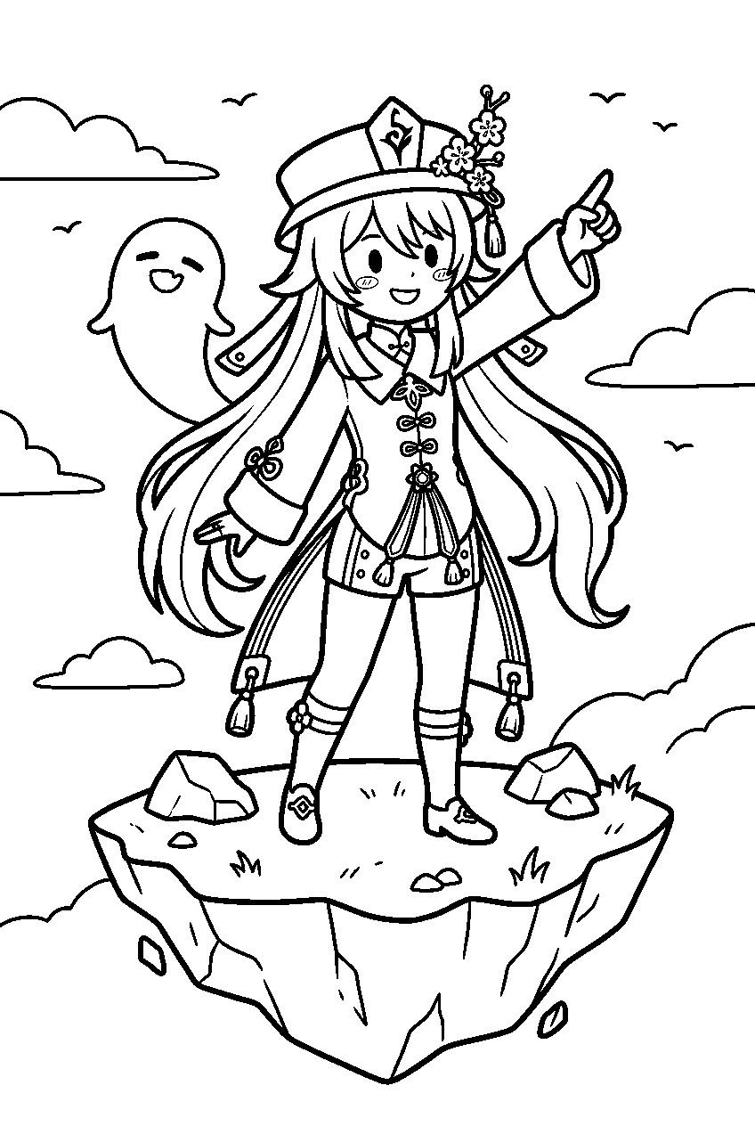 genshin impact hu tao pointing in floating island line art