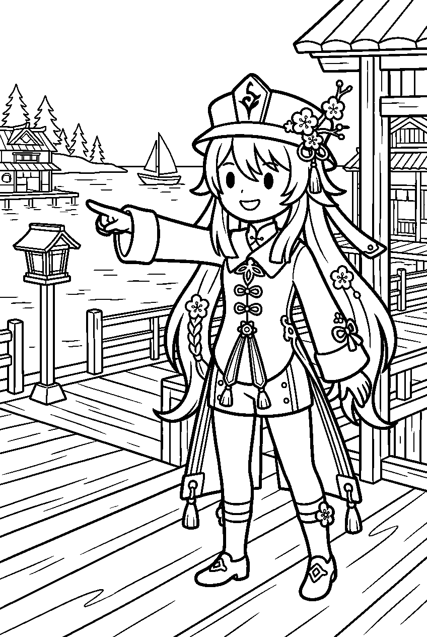 genshin impact hu tao pointing in ritou harbor line art