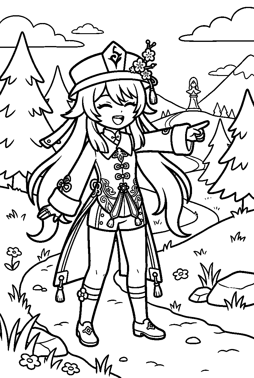 genshin impact hu tao pointing in starfell valley line art
