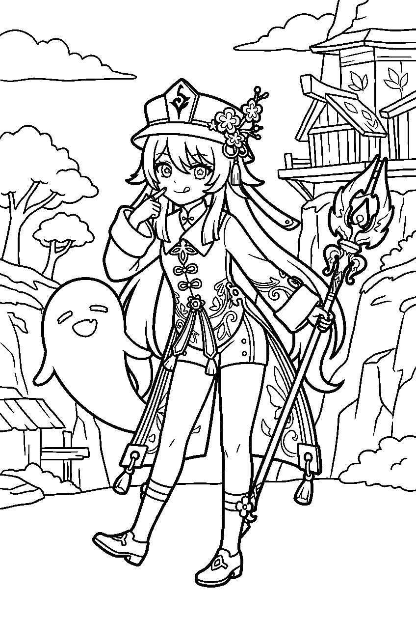 genshin impact hu tao posing in gandharva ville line art