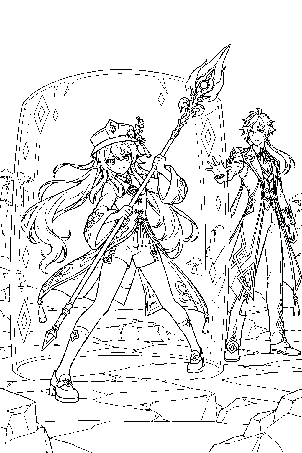 genshin impact hu tao preparing a polearm strike inside zhongli s jade shield line art