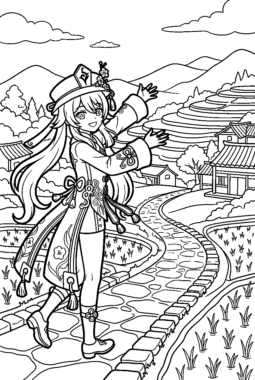 genshin impact hu tao reaching in qingce village line art