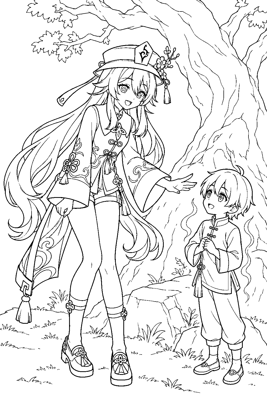 genshin impact hu tao reassuring big g s ghost beneath an ancient tree on wuwang hill line art
