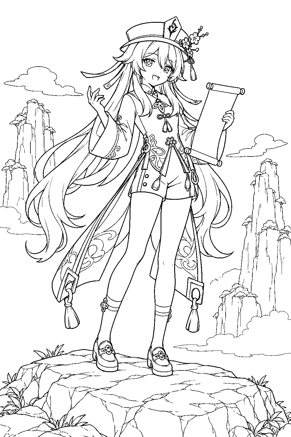 genshin impact hu tao reciting a poem atop a broad rock in huaguang stone forest line art