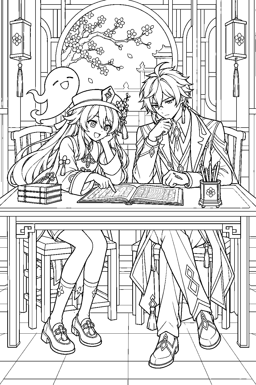 genshin impact hu tao reviewing a ledger with zhongli at the wangsheng funeral parlor line art