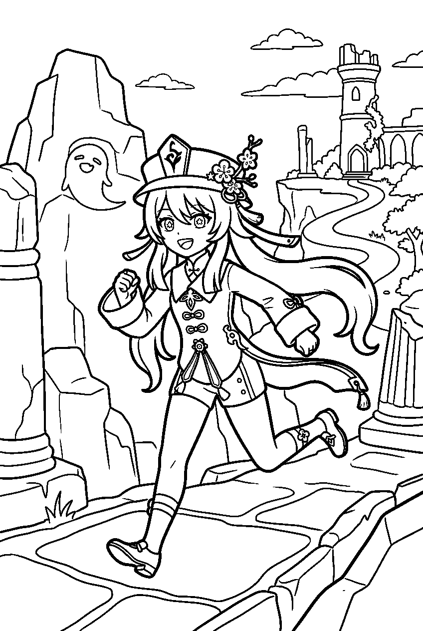 genshin impact hu tao running in stormterror s lair line art