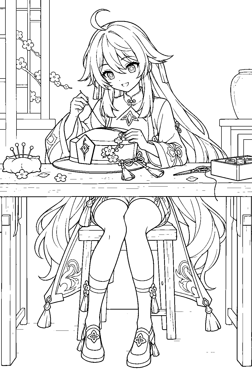 genshin impact hu tao sewing her grandfather s hat at a wooden worktable line art