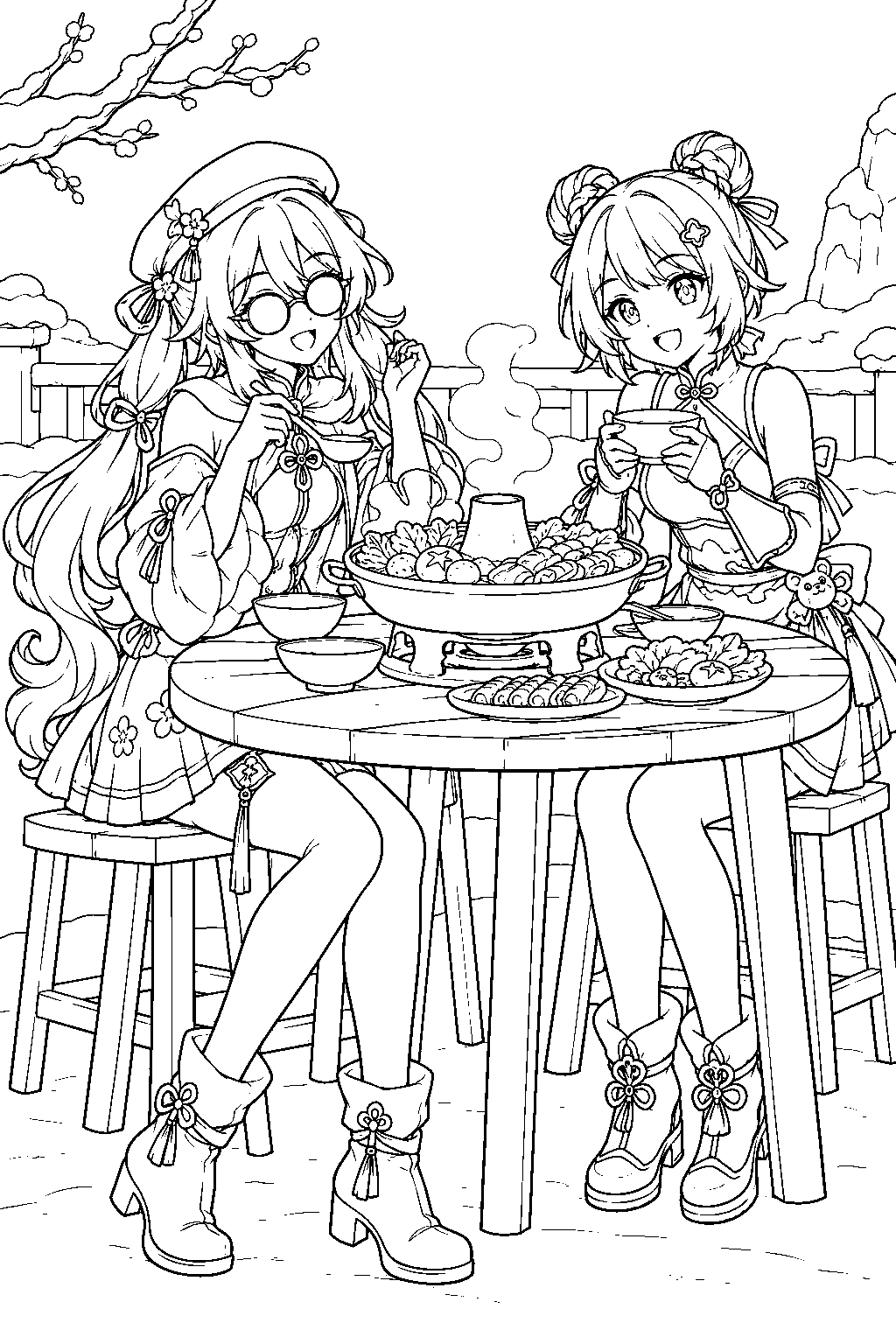 genshin impact hu tao sharing mutton hotpot with xiangling in her cherries snow laden outfit line art