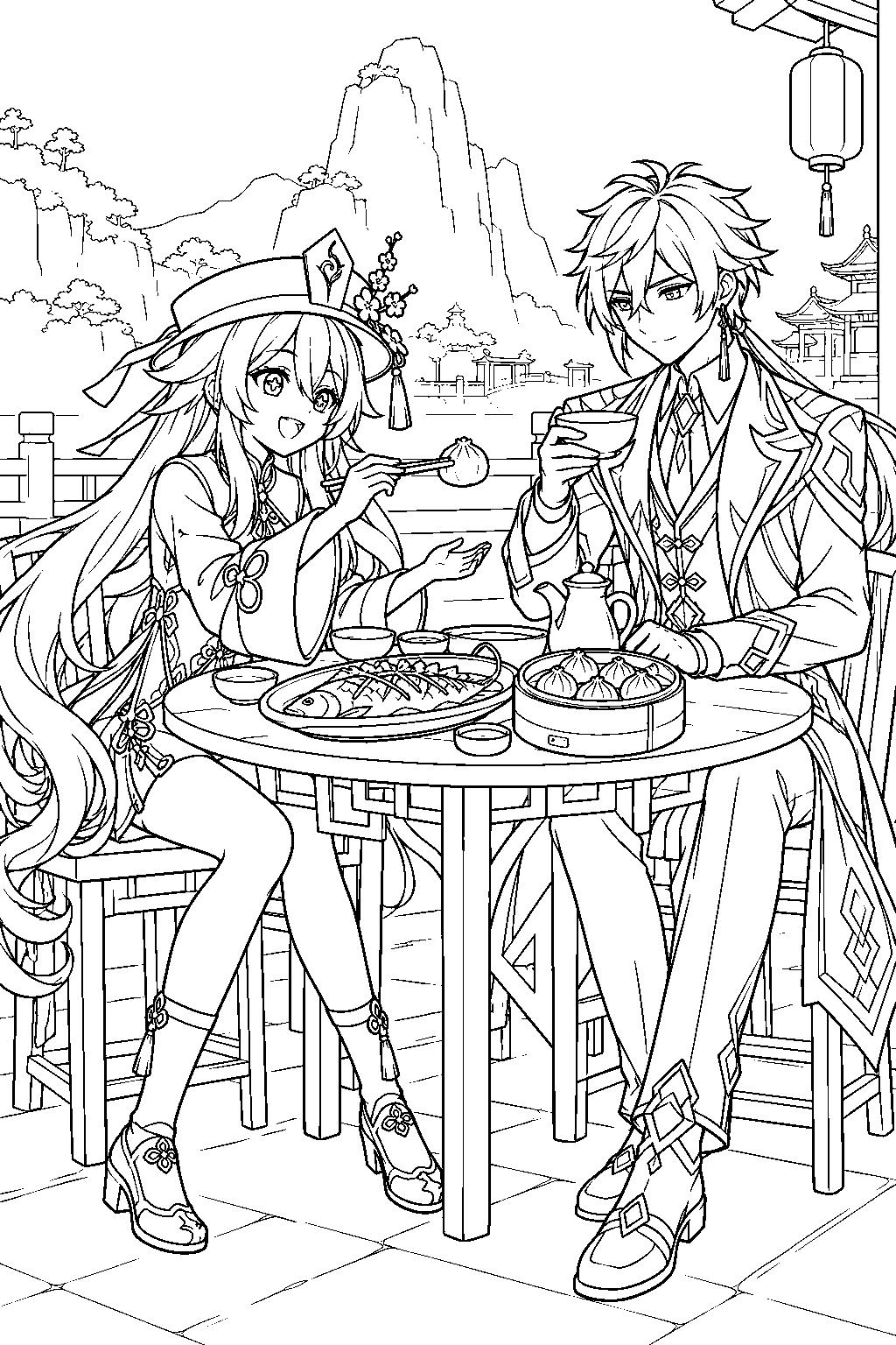 genshin impact hu tao sharing steamed fish and prawn dumplings with zhongli at a liyue table line art