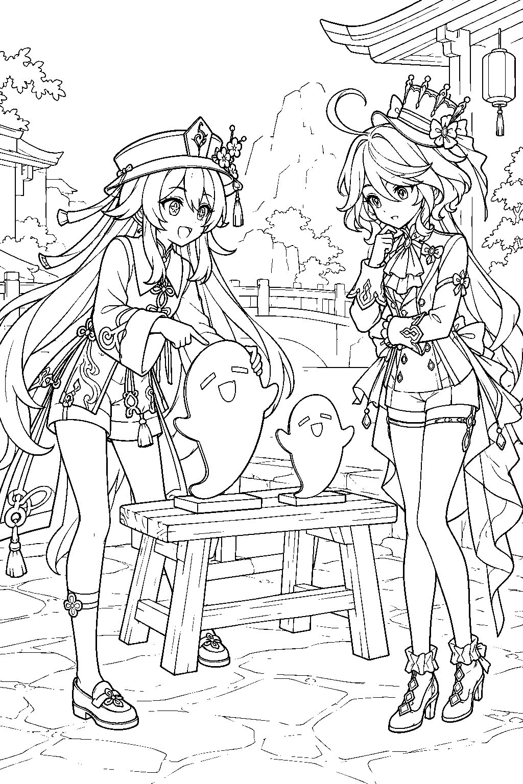 genshin impact hu tao showing ghost props to furina in qiaoying village line art