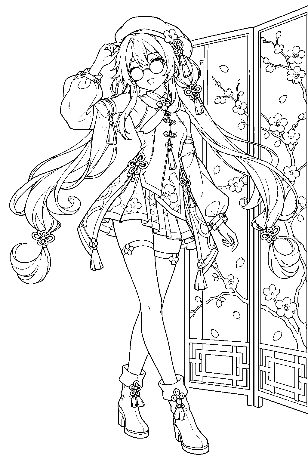 genshin impact hu tao showing her cherries snow laden outfit beside a flower decorated screen line art