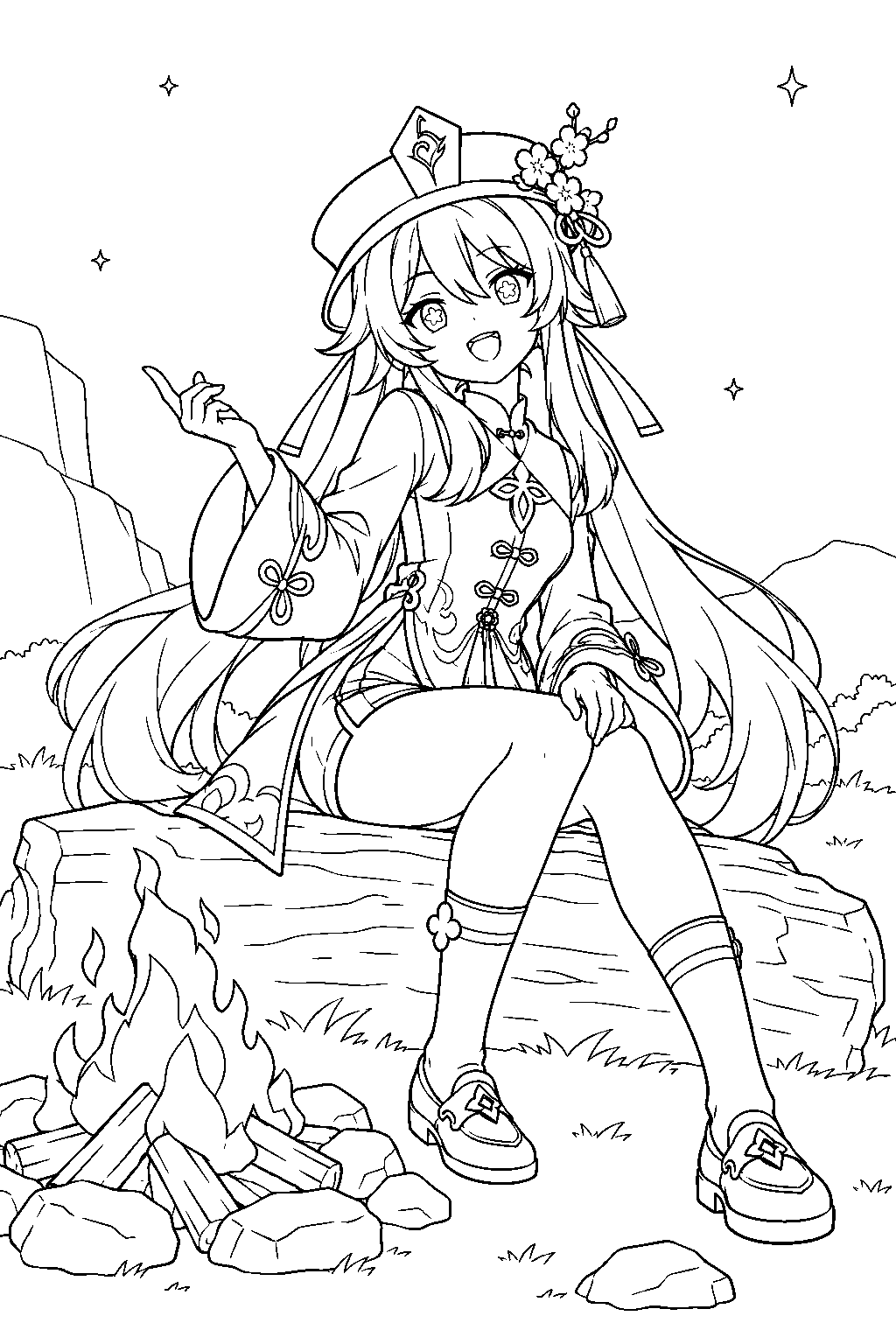 genshin impact hu tao singing the hilichurl song beside a small campfire line art