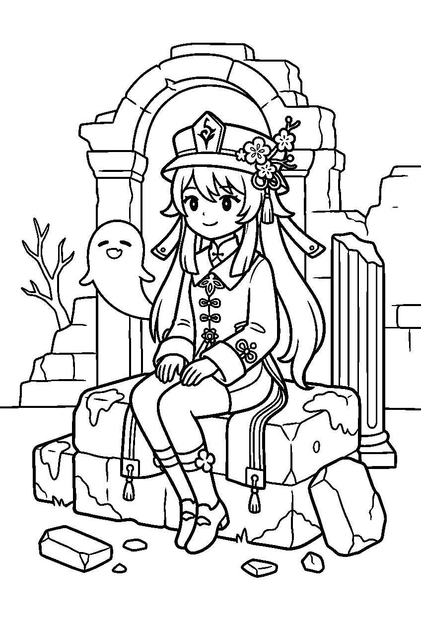 genshin impact hu tao sitting in ancient ruins line art