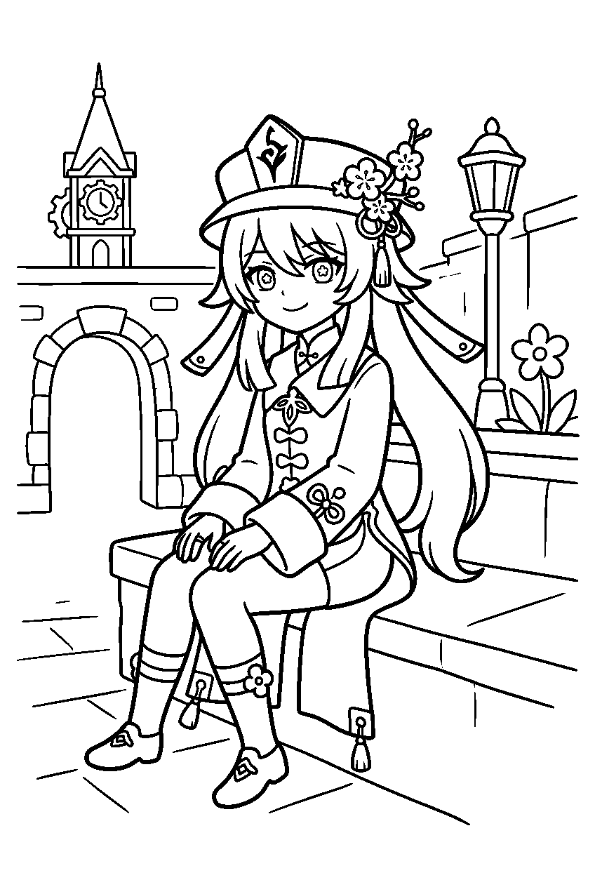 genshin impact hu tao sitting in fontaine court line art