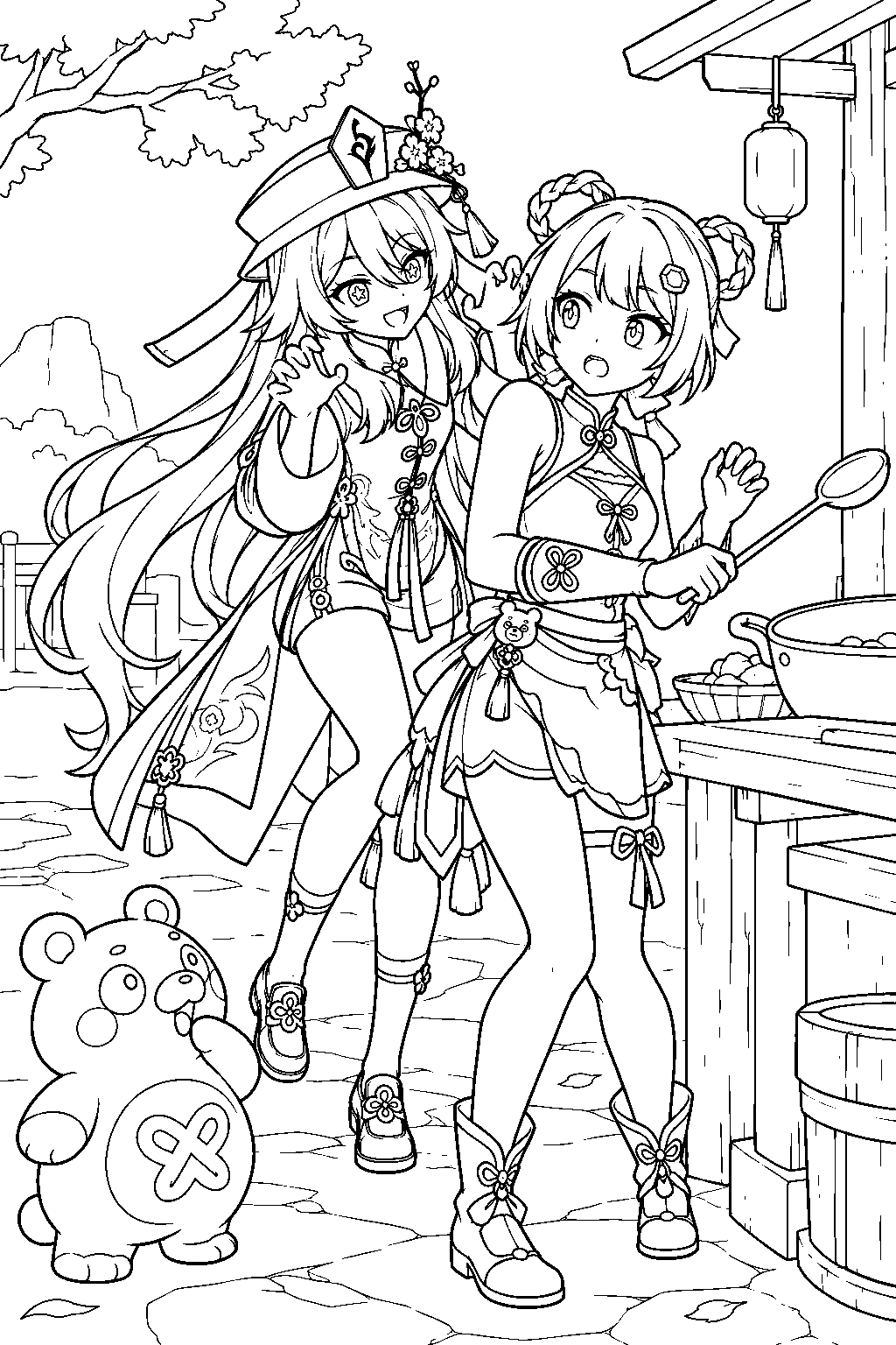 genshin impact hu tao sneaking up on xiangling while guoba watches line art