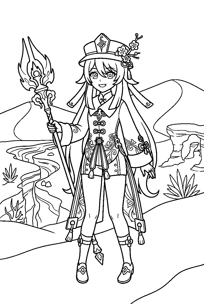 genshin impact hu tao standing in desert of hadramaveth line art
