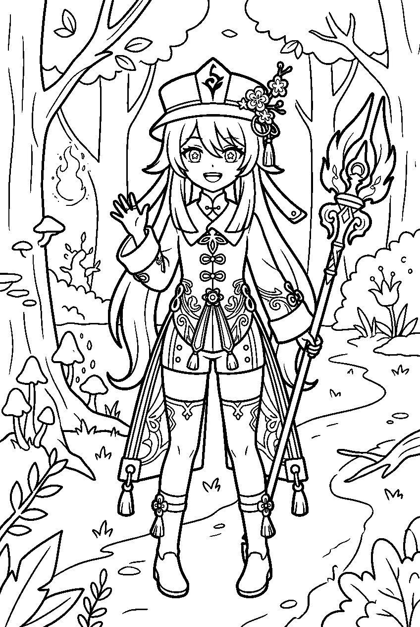 genshin impact hu tao standing in magical forest line art