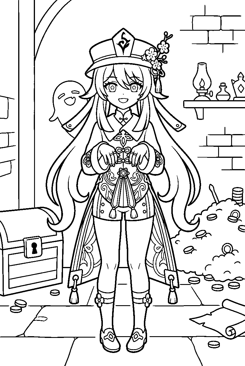 genshin impact hu tao standing in treasure room line art