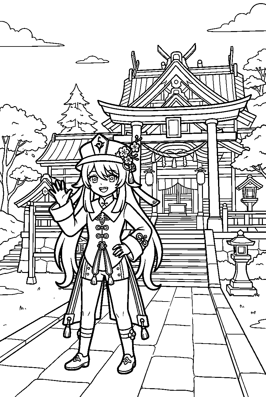genshin impact hu tao standing near grand narukami shrine line art