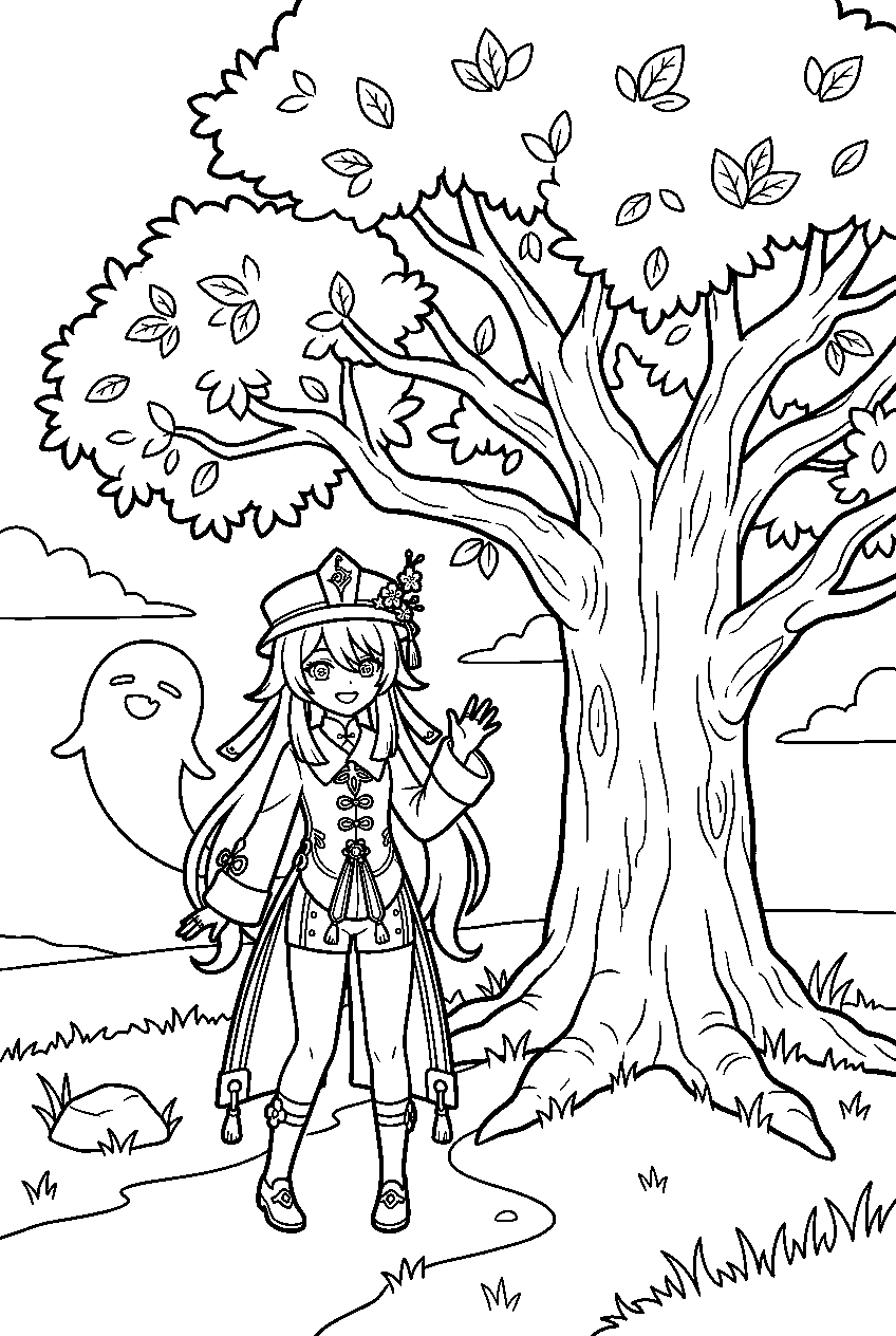 genshin impact hu tao standing near windrise tree line art