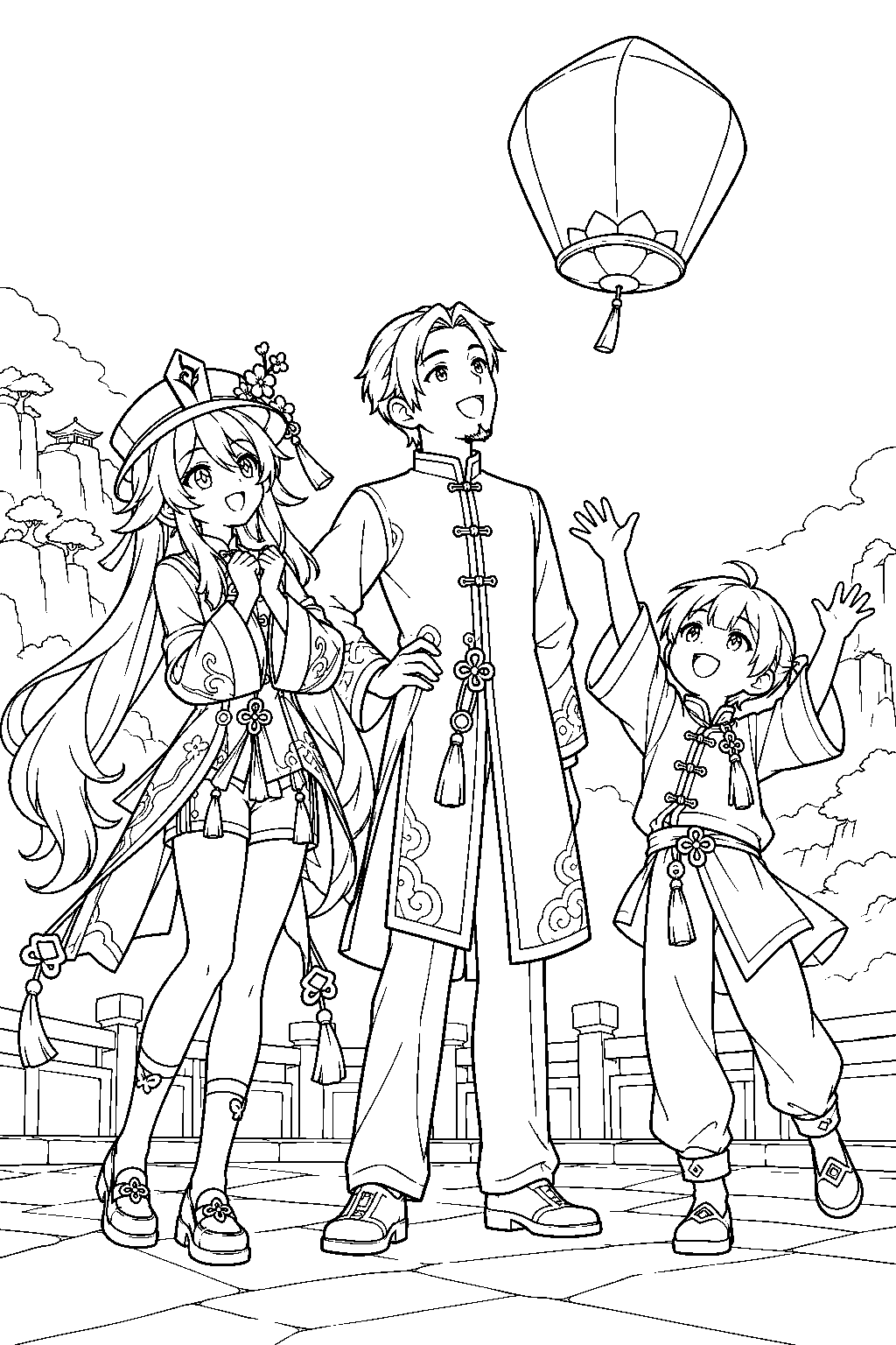 genshin impact hu tao standing with meng as big g releases a farewell xiao lantern line art