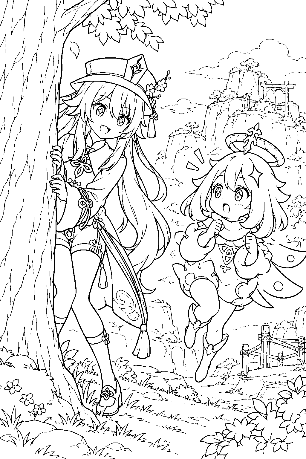 genshin impact hu tao surprising paimon from behind a tree on wuwang hill line art