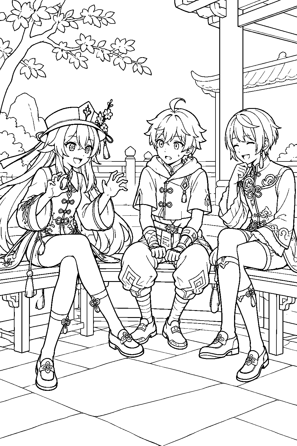 genshin impact hu tao telling a ghost story to chongyun as xingqiu smiles line art