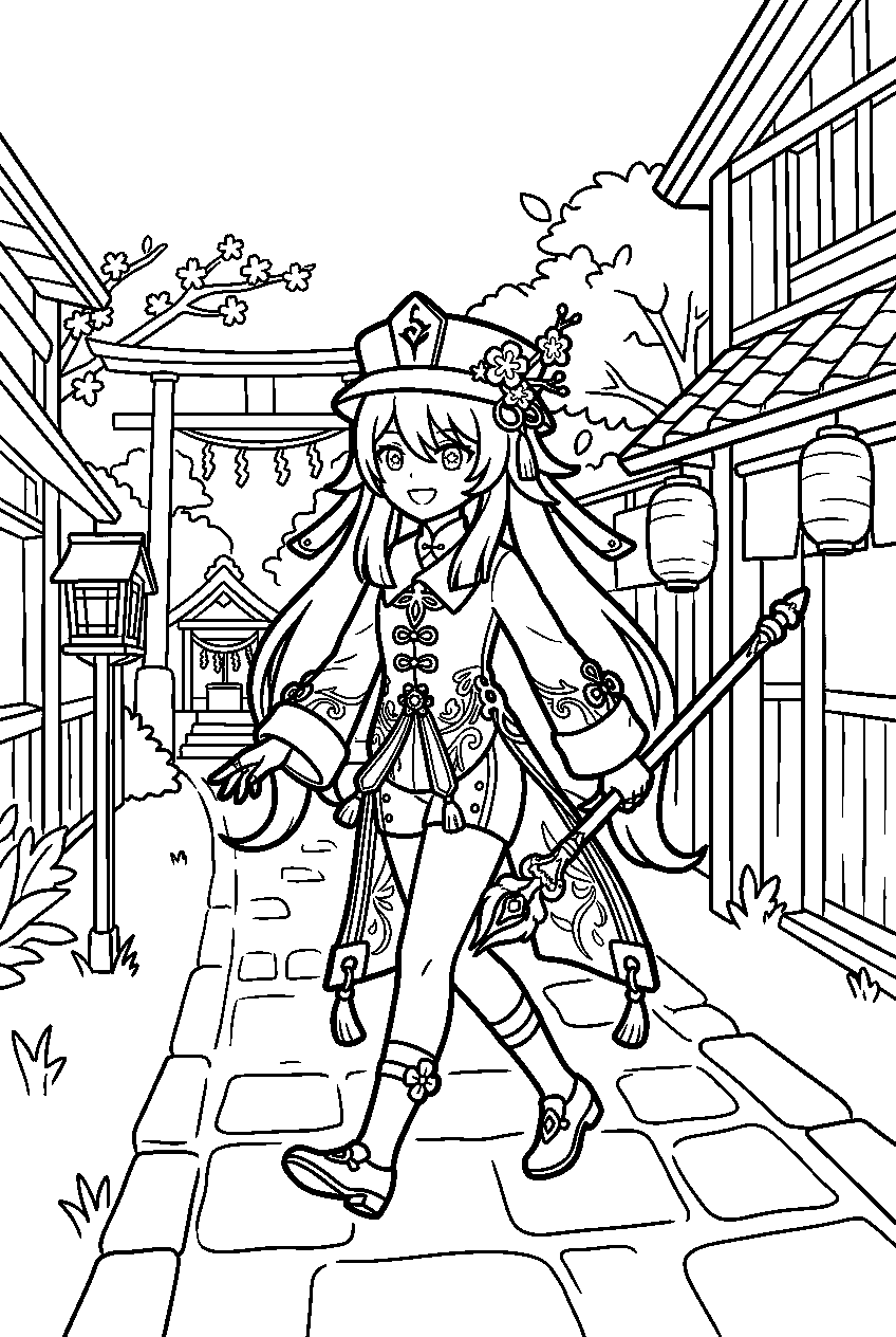 genshin impact hu tao walking in inazuma city line art