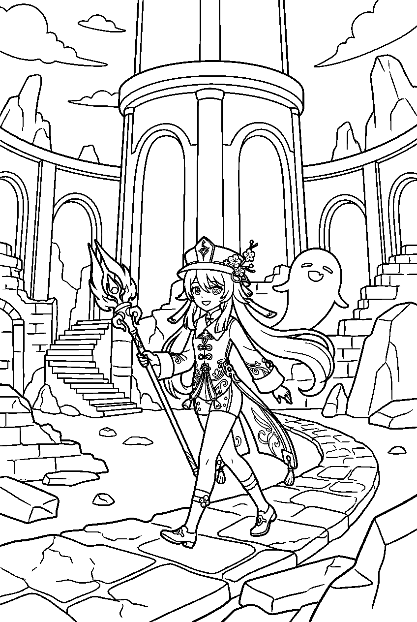 genshin impact hu tao walking in stormterror s lair line art