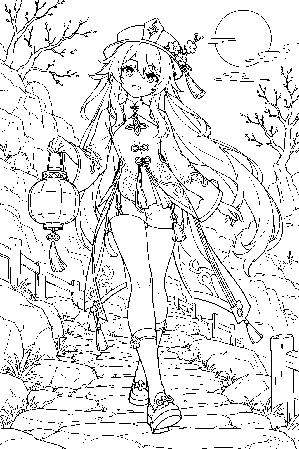 genshin impact hu tao walking through wuwang hill with a handheld lantern line art