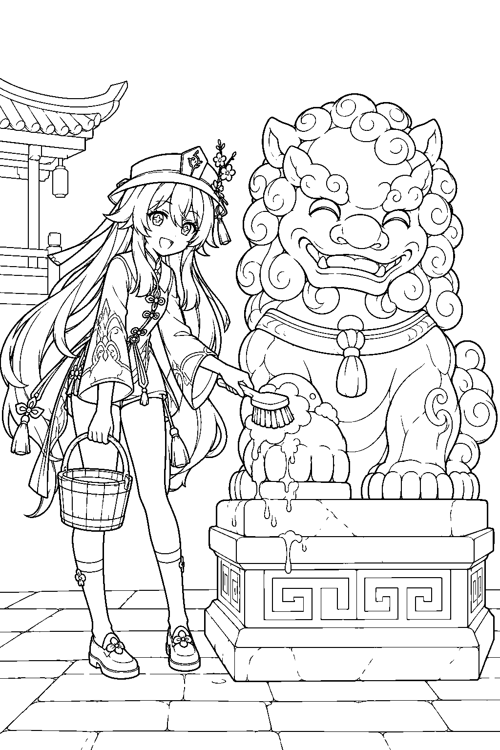 genshin impact hu tao washing whiskers the stone lion with a bucket and brush line art