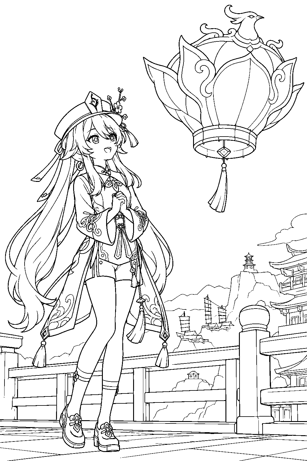 genshin impact hu tao watching a giant mingxiao lantern rise above liyue harbor line art