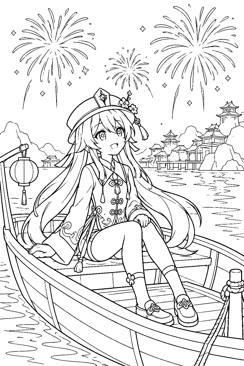 genshin impact hu tao watching lantern rite fireworks from a boat off liyue harbor line art
