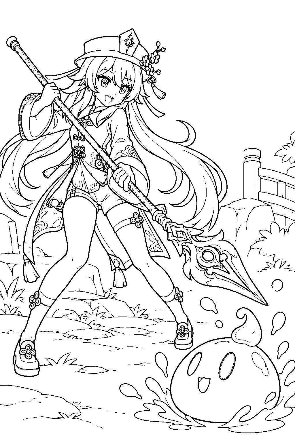 genshin impact hu tao wielding the staff of homa against a hydro slime line art