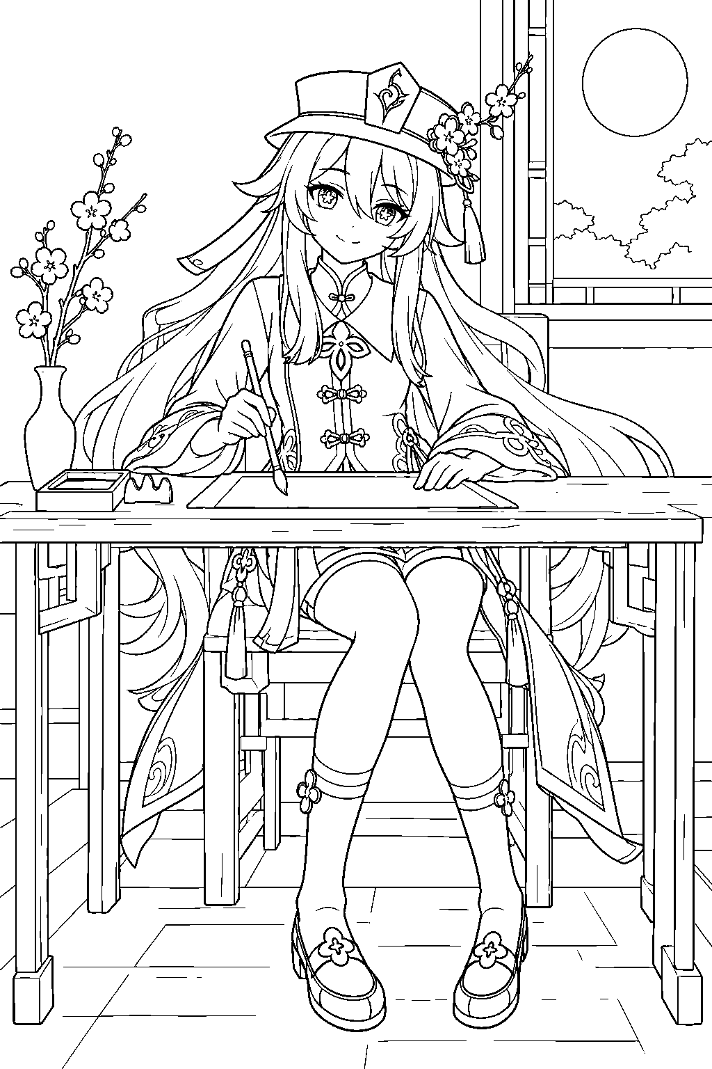 genshin impact hu tao writing poetry with a brush at a moonlit desk line art